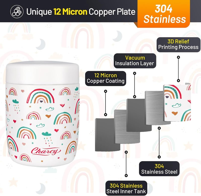 Charcy 9oz Stainless Steel Vacuum Insulated Kids Food Jar - Soup Thermo for Hot & Cold Food - White Rainbow - Image 3